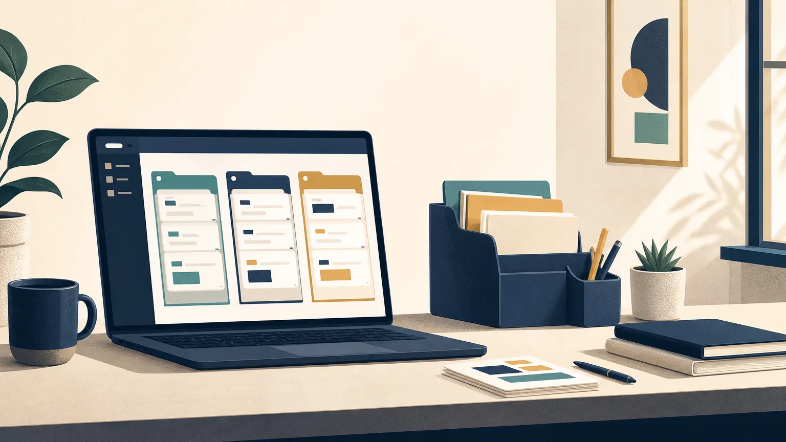 Illustration of business work organized into tidy AI project workspaces