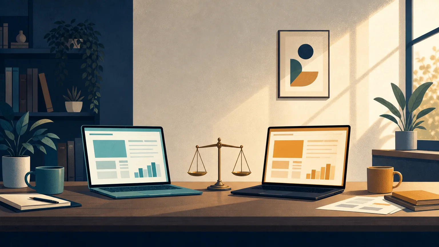 Illustration of two AI tools compared side by side on one desk