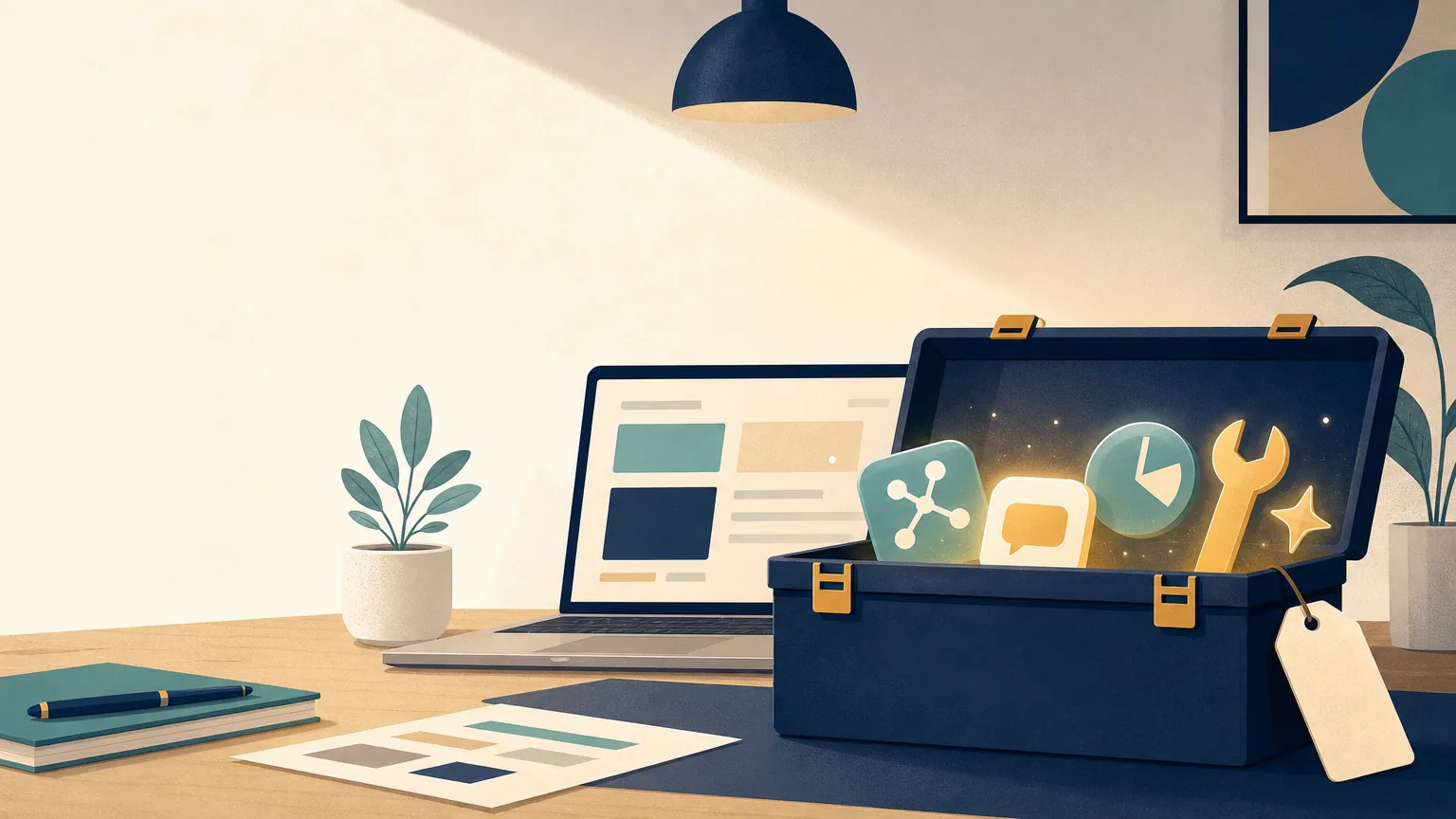 Illustration of a toolbox of free AI tools on a small business desk