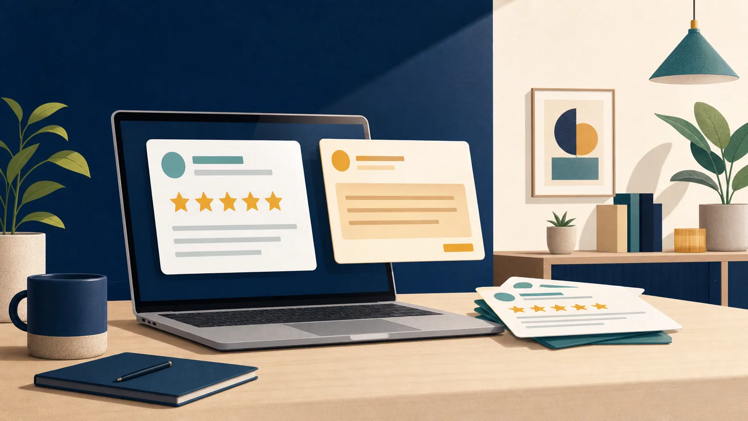 Illustration of thoughtful replies to customer reviews being drafted