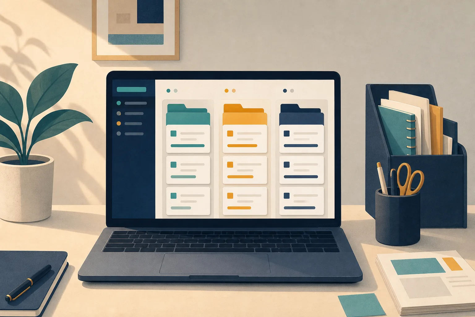 Illustration of business work organized into tidy AI project workspaces
