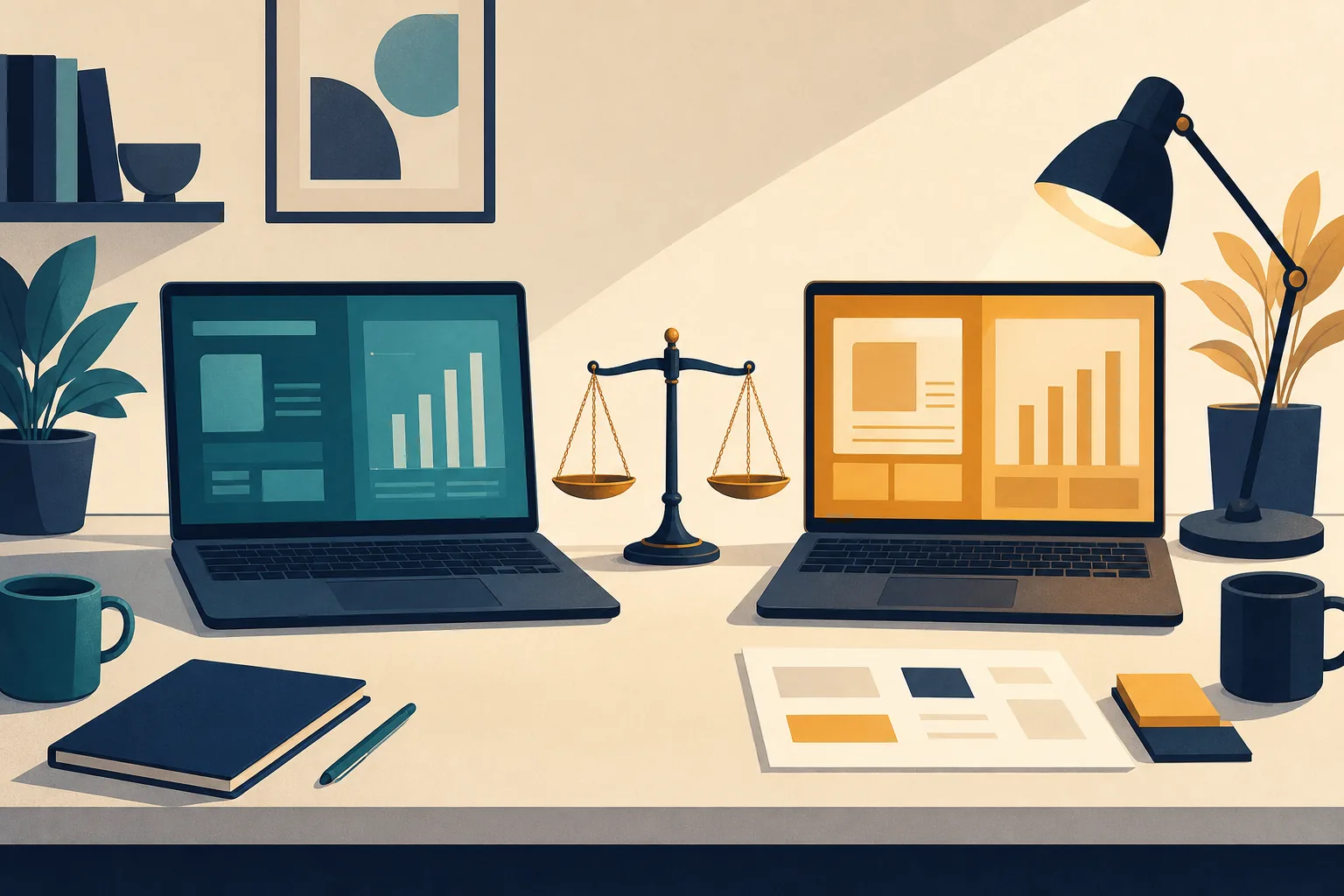 Illustration of two AI tools compared side by side on one desk