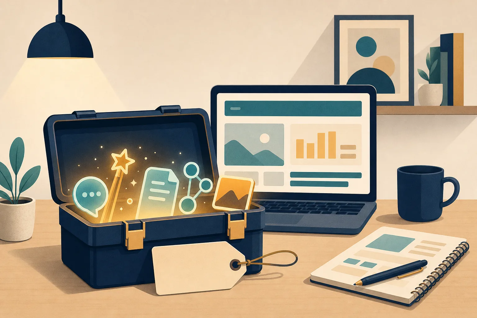 Illustration of a toolbox of free AI tools on a small business desk