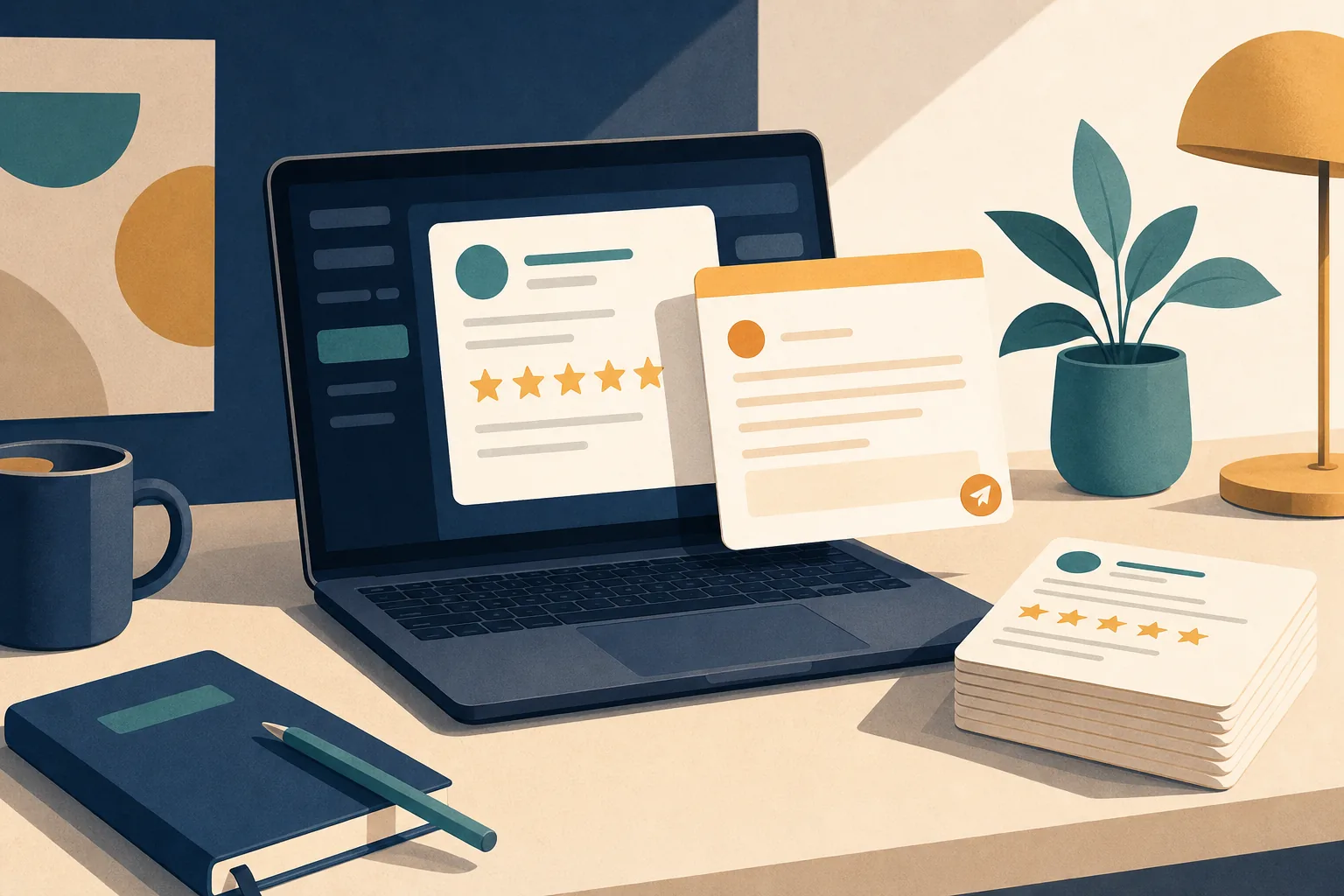 Illustration of thoughtful replies to customer reviews being drafted