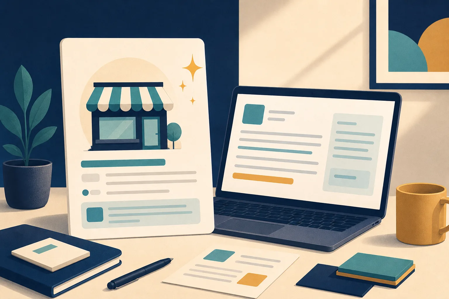 Illustration of a business profile description being written and refined
