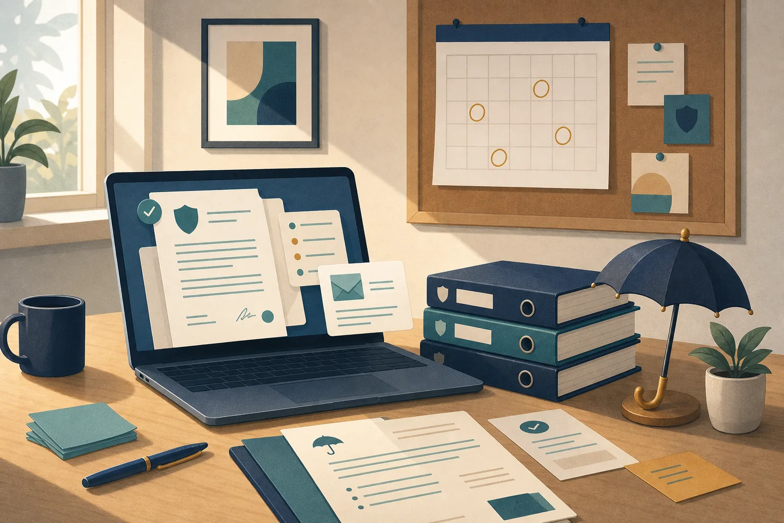 Illustration of an AI employee drafting renewal reminders and client letters on an insurance agency desk