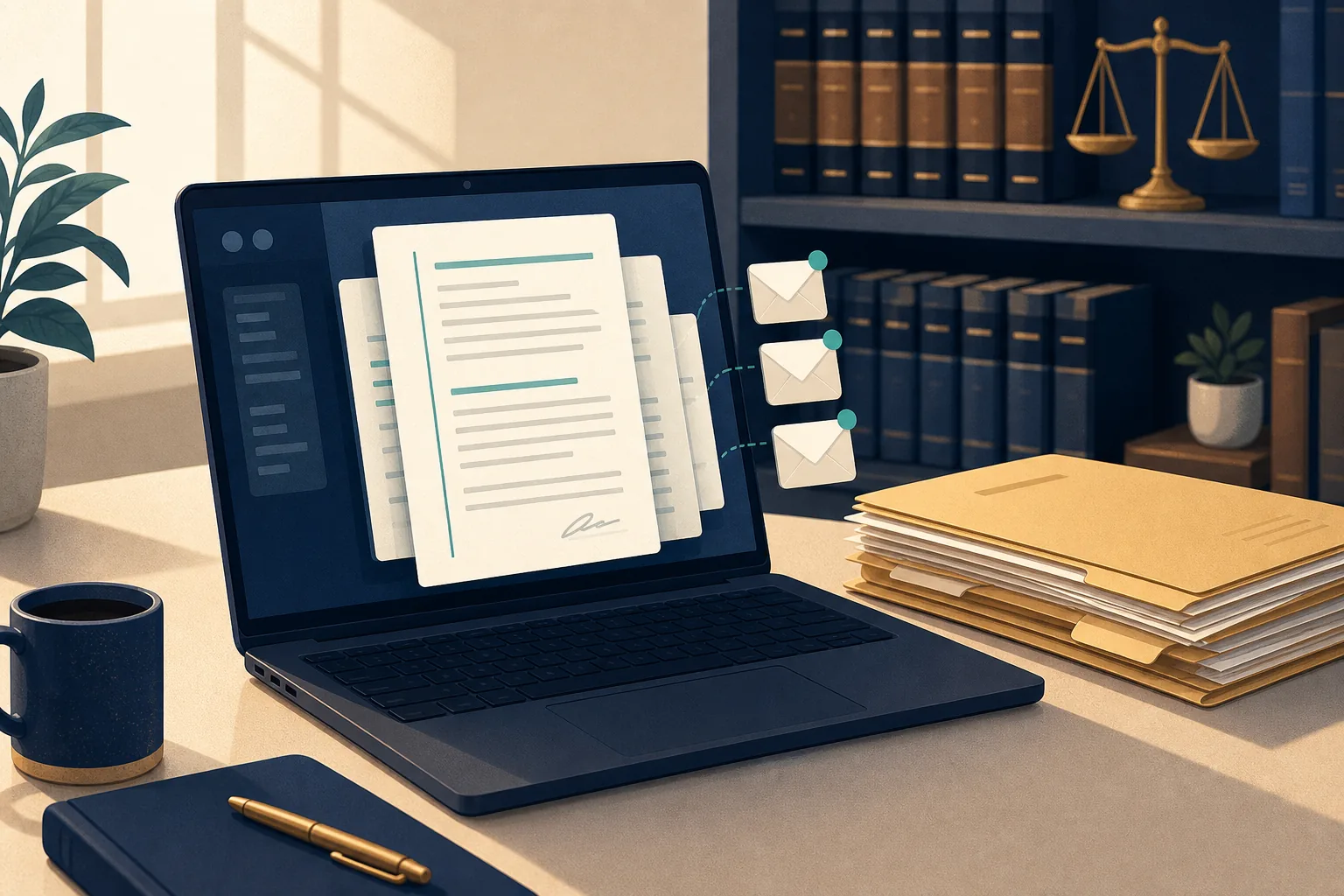 Illustration of an AI employee preparing document drafts and follow-up emails on a law office desk