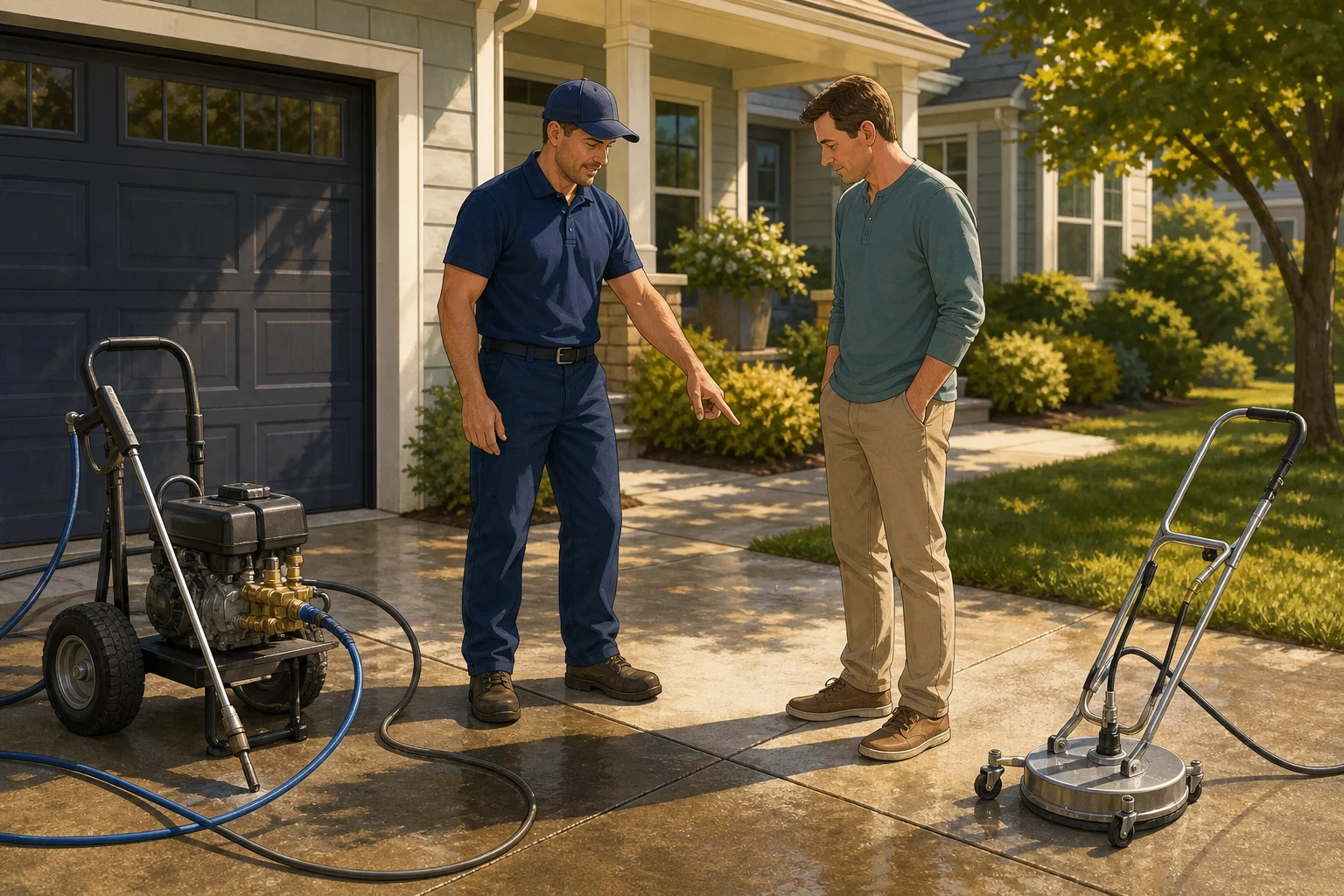 Pressure washing business owner inspecting a driveway with a homeowner beside professional cleaning equipment