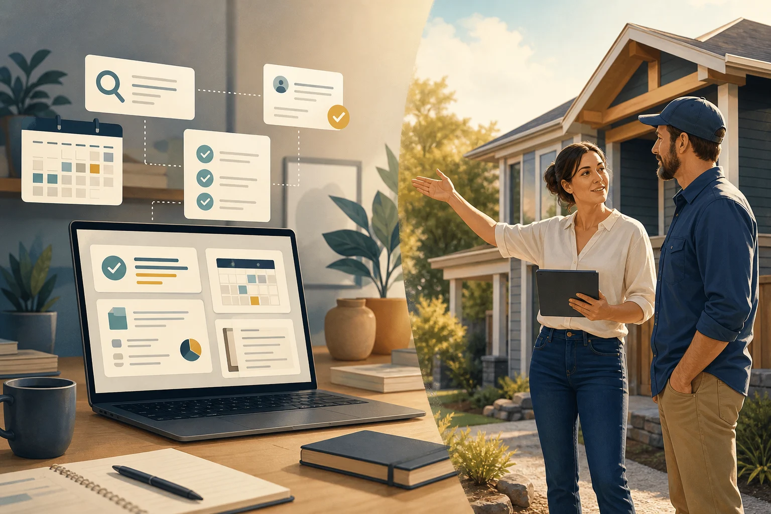 Illustration contrasting AI employee desk work with the hands-on jobs a home services owner still does in person
