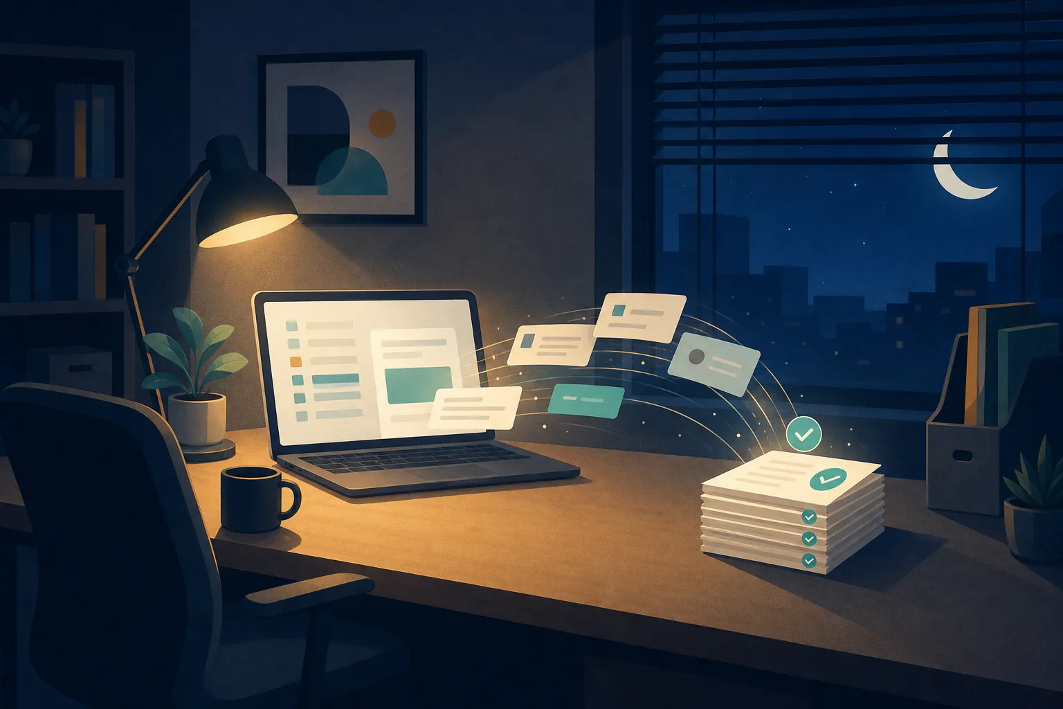 Illustration of an AI employee finishing a stack of work at an empty desk after hours