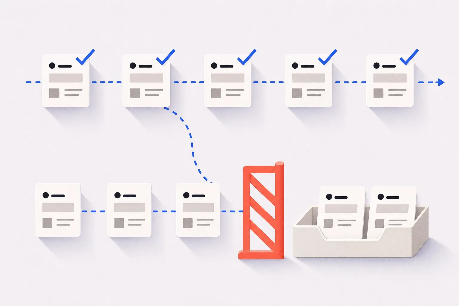Two AI work paths: monitored routine tasks and drafts that stop for human approval
